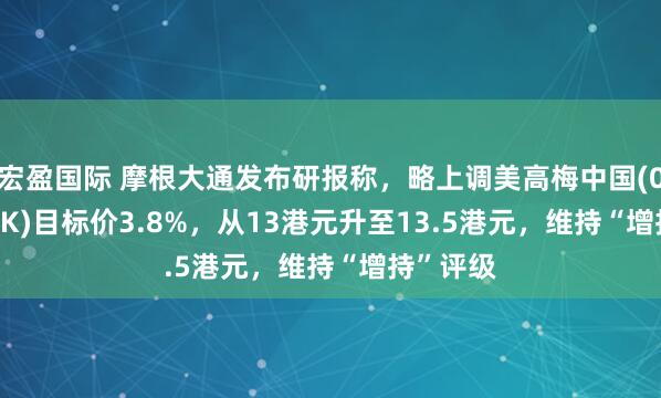宏盈国际 摩根大通发布研报称，略上调美高梅中国(02282.HK)目标价3.8%，从13港元升至13.5港元，维持“增持”评级